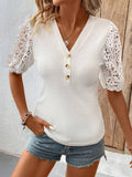 Lace Detail V-Neck Short Sleeve Blouse - Trendsi