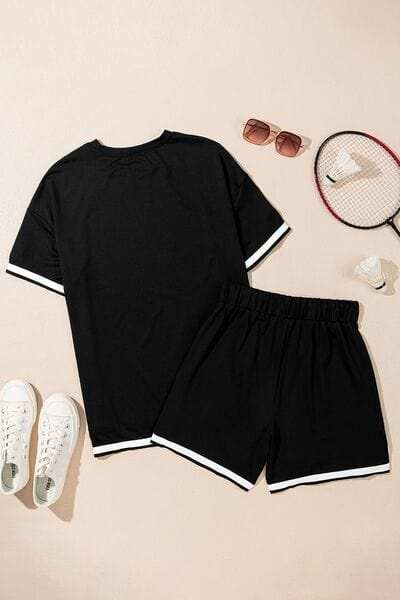 Contrast Trim Tee and Shorts Set - Trendsi - Flyclothing LLC