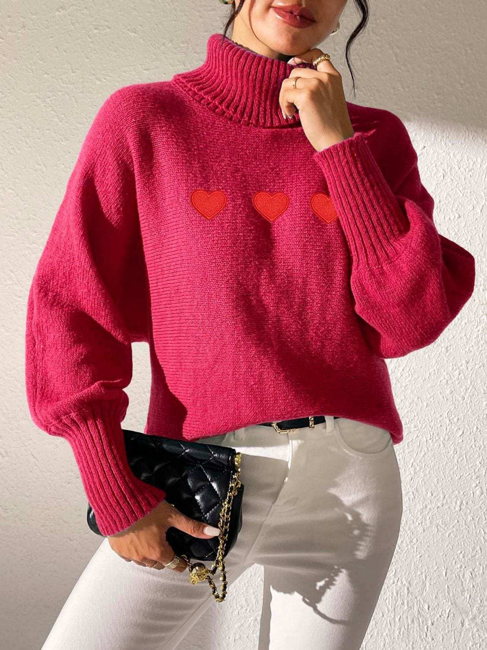 Heart Turtleneck Long Sleeve Sweater - Trendsi - Flyclothing LLC