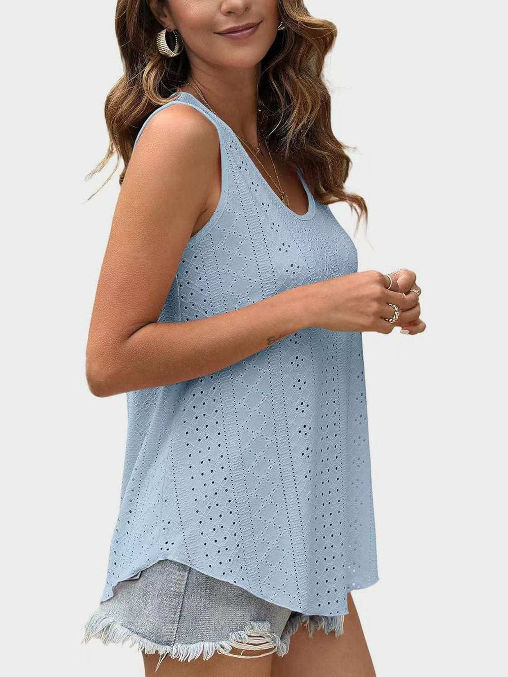 Florira Eyelet Round Neck Tank - Trendsi - Flyclothing LLC