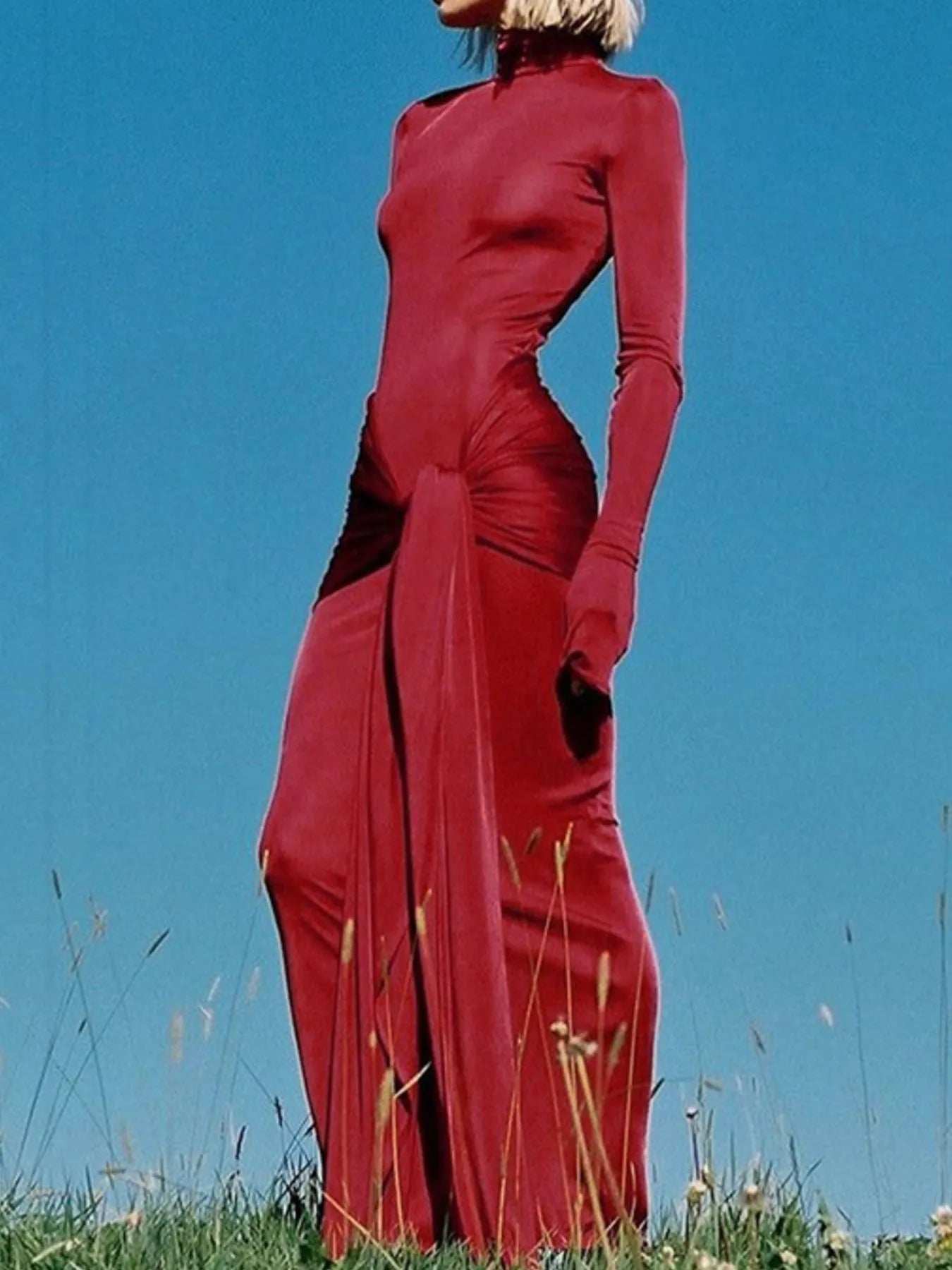 Ruched Turtleneck Long Sleeve Tie Front Maxi Dress - Trendsi - Flyclothing LLC