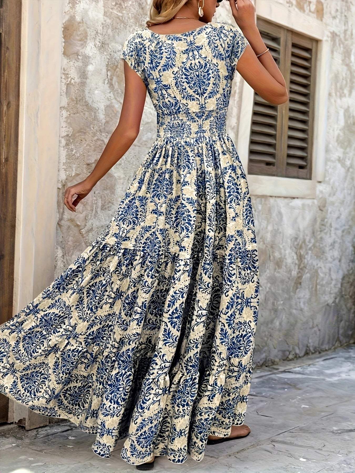 Printed Cap Sleeve Maxi Dress - Trendsi - Flyclothing LLC