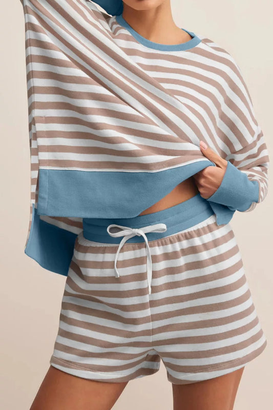 Stripe Color Block Patchwork Oversized Top and Shorts 2pcs Set - Trendsi - Flyclothing LLC