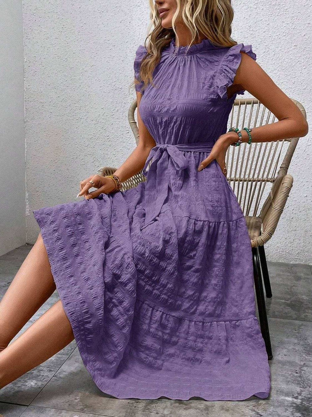 Tied Ruffled Cap Sleeve Midi Dress - Trendsi - Flyclothing LLC