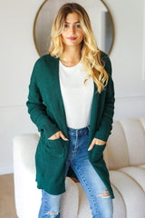 Haptics Stripe Textured Open Front Cardigan with Pockets - Trendsi