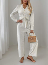 Striped Notched Long Sleeve Tie Waist Jumpsuit - Trendsi - Flyclothing LLC