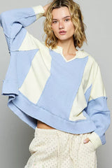 POL Color Block Waffle Knit Raw Hem Sweatshirt - Trendsi - Flyclothing LLC
