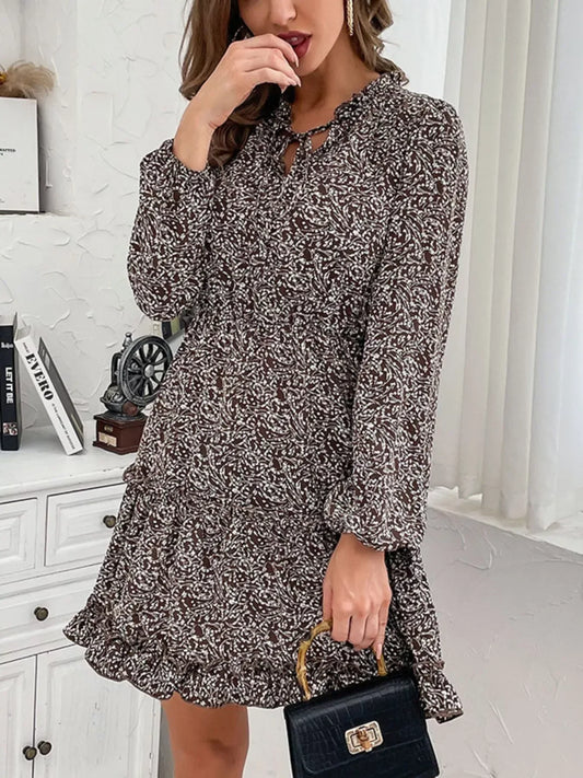 Ruffle Hem Tie Neck Mini Dress - Trendsi - Flyclothing LLC