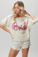BiBi Metallic Letter Short Puff Sleeve Hairy Sweater - Trendsi - Flyclothing LLC