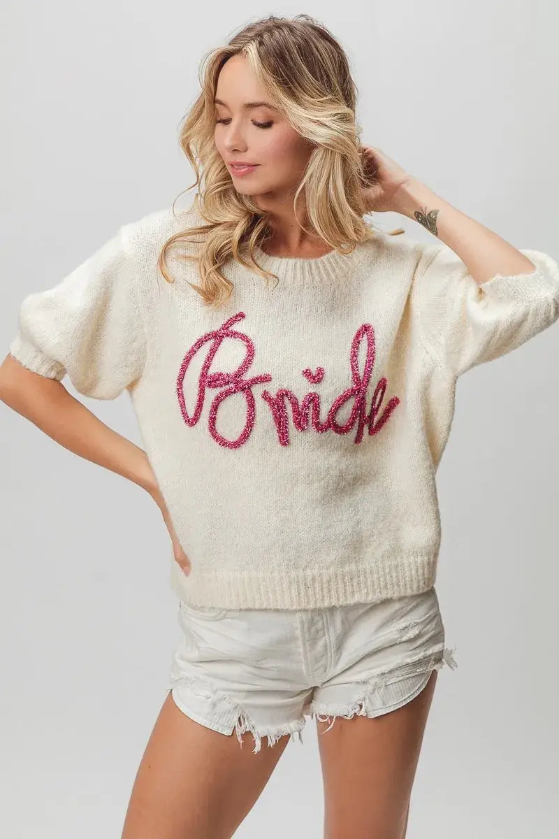 BiBi Metallic Letter Short Puff Sleeve Hairy Sweater - Trendsi - Flyclothing LLC