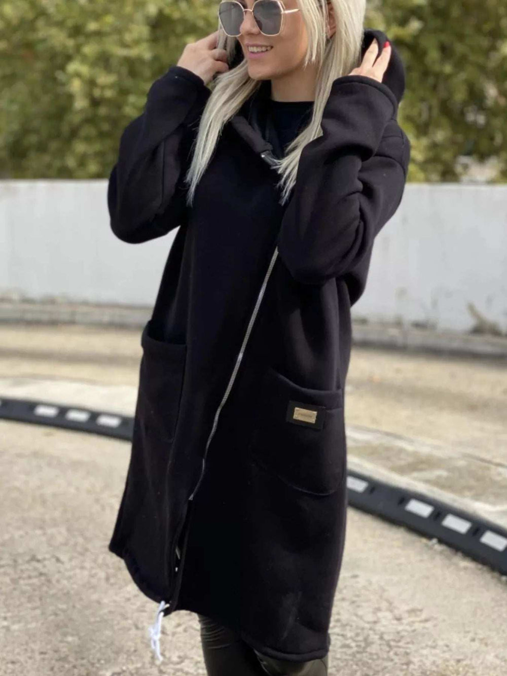 Full Size Asymmetrical Zip-Up Hooded Fleece Outerwear Plus Size - Trendsi - Flyclothing LLC