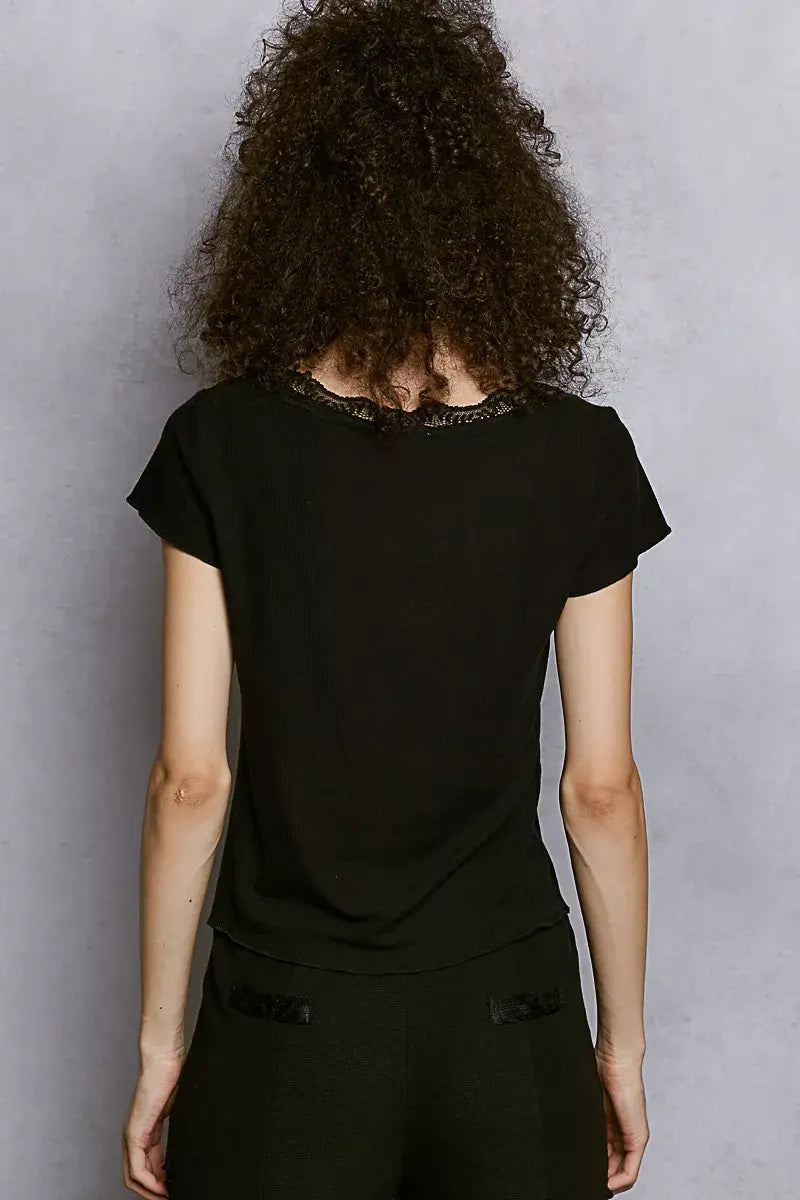 POL Round Neck Short Sleeve Crop T-Shirt with Lace Trim - Trendsi - Flyclothing LLC