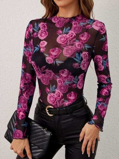 Floral Mock Neck Long Sleeve Top - Trendsi - Flyclothing LLC