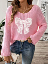 Bow Boat Neck Long Sleeve Sweater - Trendsi - Flyclothing LLC