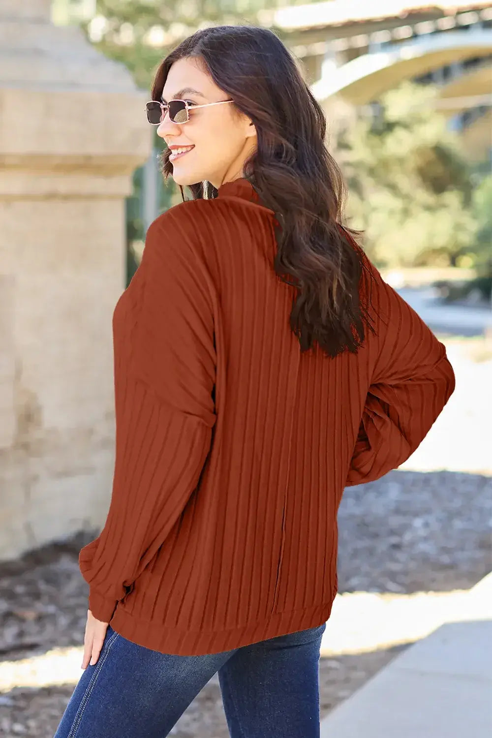 Basic Bae Full Size Ribbed Exposed Seam Mock Neck Knit Top - ShopBasicbae - Flyclothing LLC