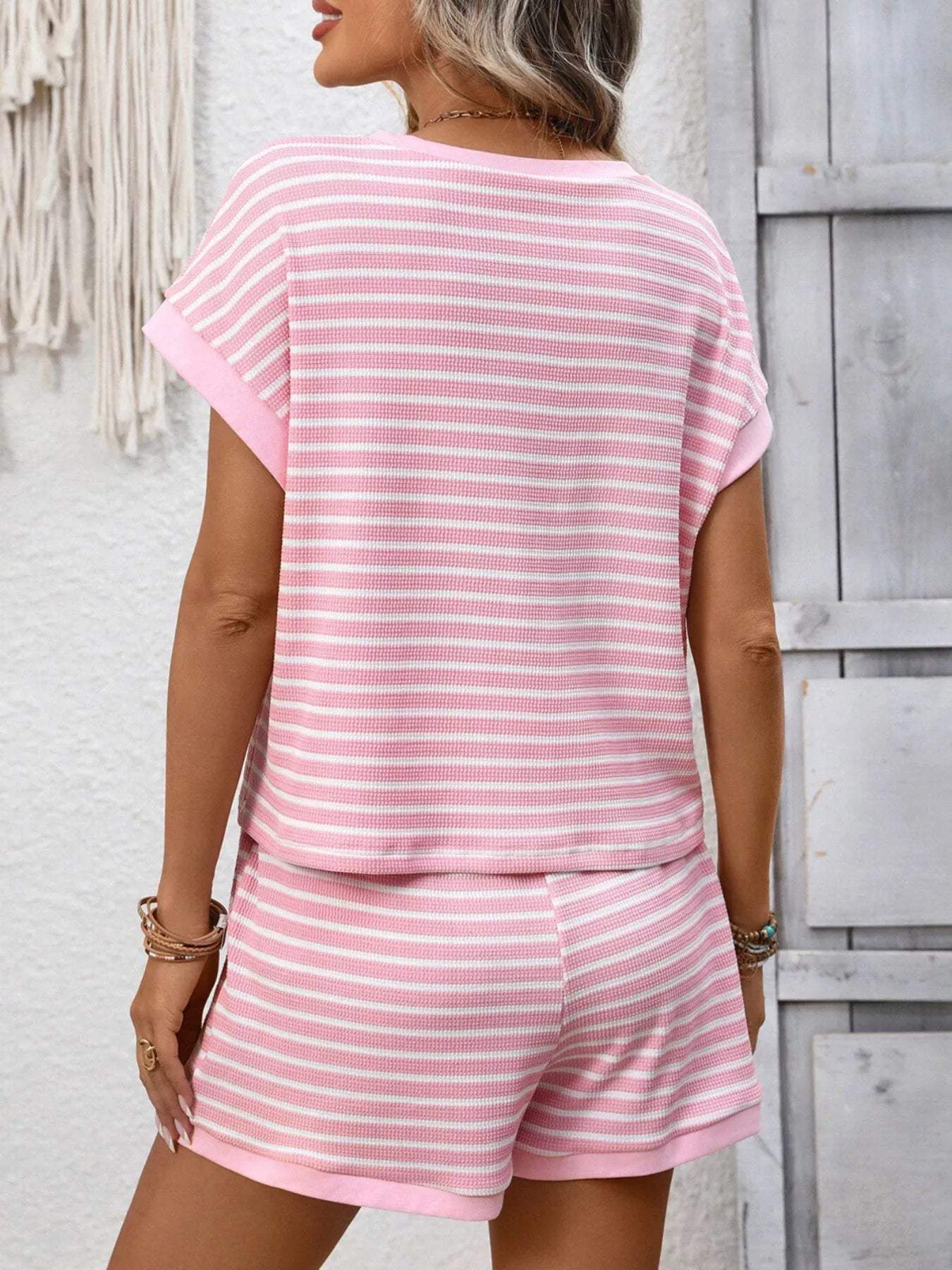 Striped Casual Round Neck Top and Shorts Set - Trendsi - Flyclothing LLC