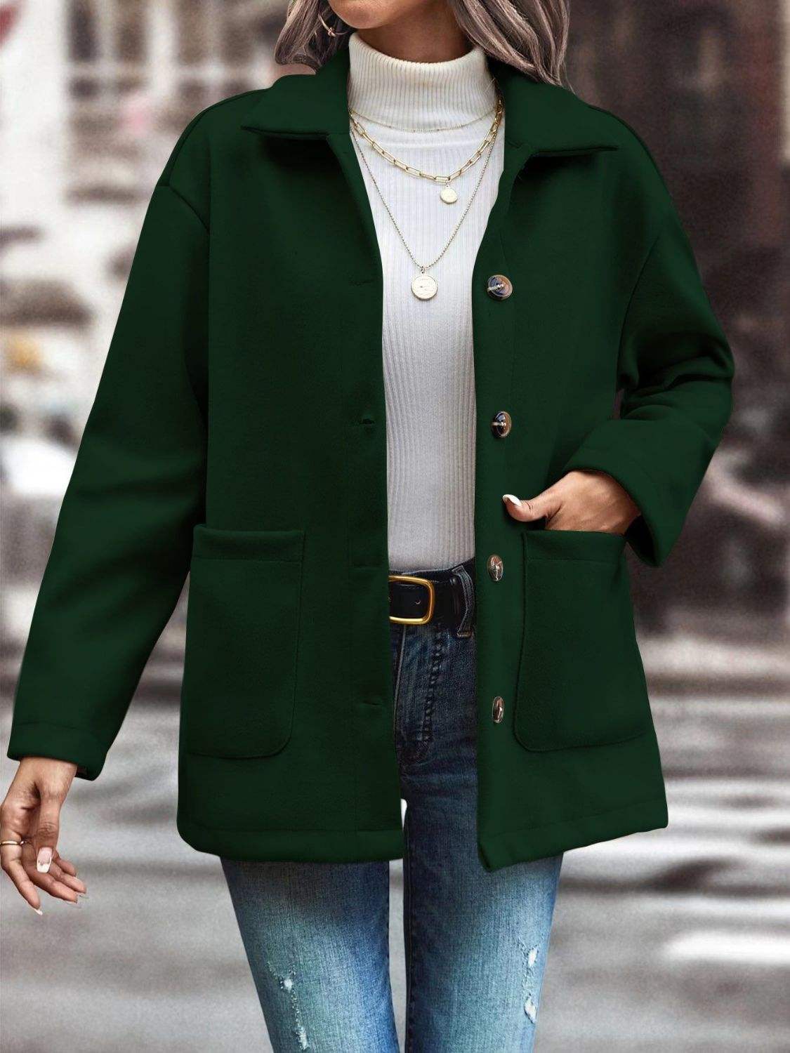 Pocketed Collared Neck Button Up Jacket - Trendsi - Flyclothing LLC