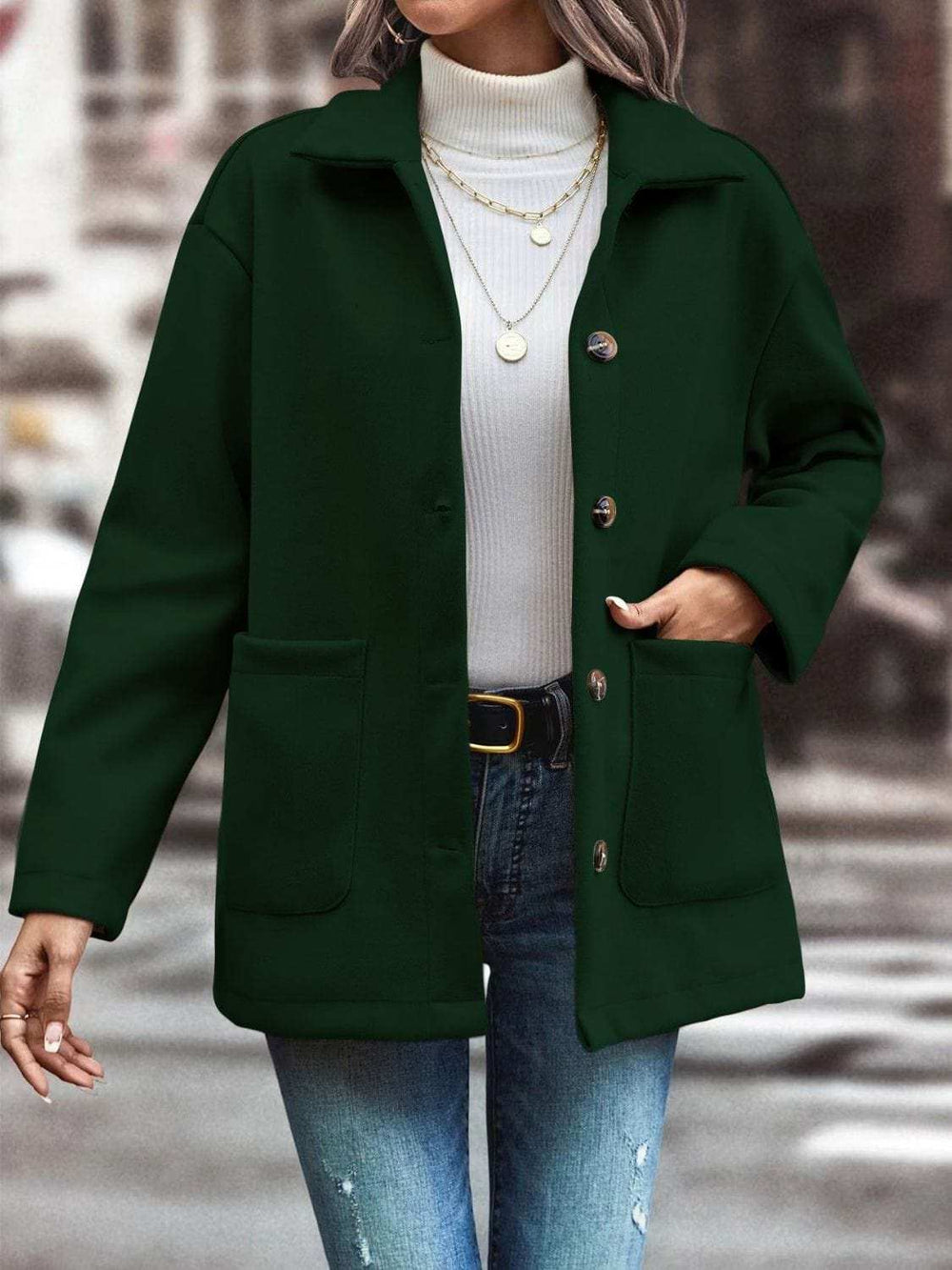 Pocketed Collared Neck Button Up Jacket - Trendsi - Flyclothing LLC