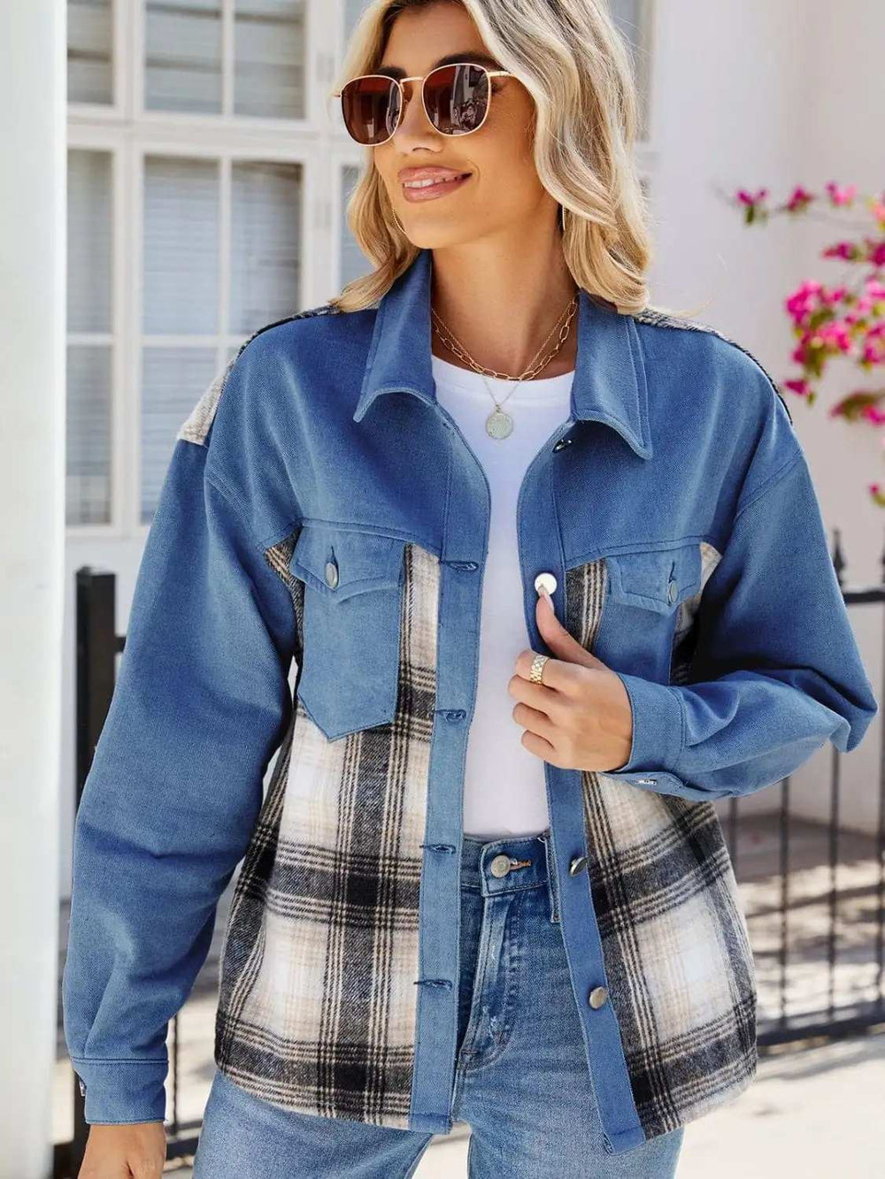 Plaid Button Up Long Sleeve Denim Jacket - Trendsi - Flyclothing LLC