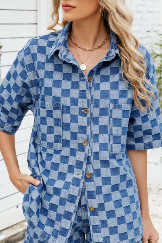 Button Down Checkered Denim Shirt - Trendsi - Flyclothing LLC