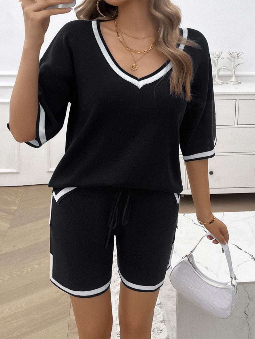 Contrast Trim V-Neck Top and Shorts Set - Trendsi - Flyclothing LLC