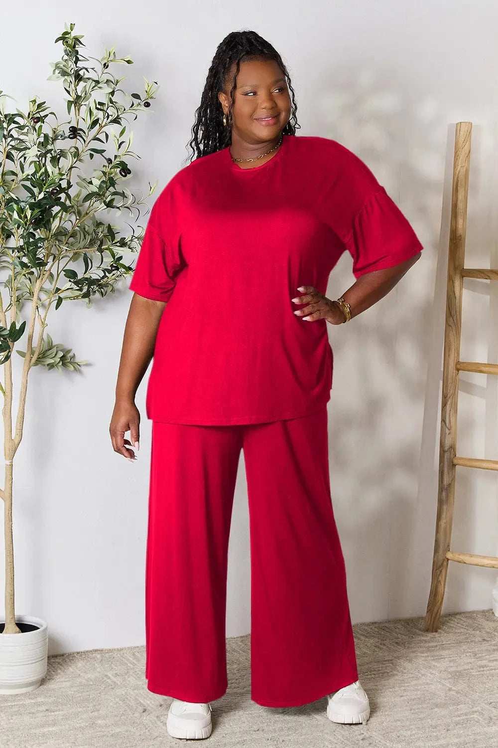 Double Take Full Size Round Neck Slit Top and Pants Set - Trendsi - Flyclothing LLC