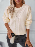 Openwork Cable-Knit Round Neck Long Sleeve Sweater - Trendsi