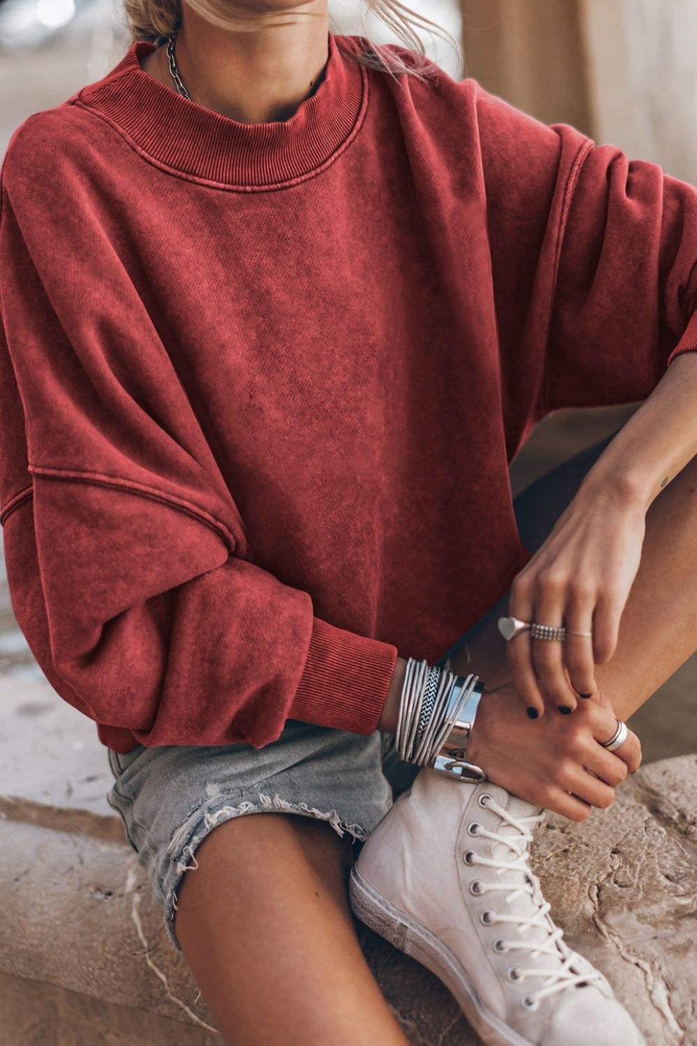 Mock Neck Dropped Shoulder Sweatshirt - Trendsi - Flyclothing LLC