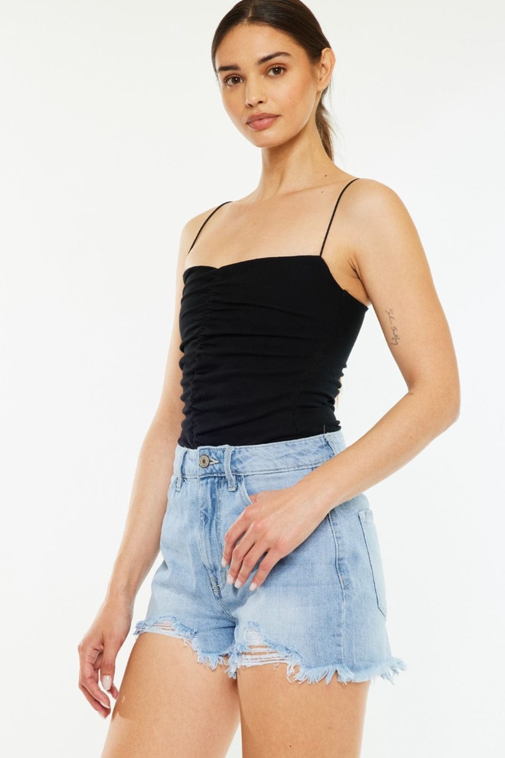 Kancan Raw Hem Distressed High Waist Denim Shorts - Trendsi