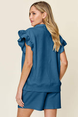 Double Take Full Size Texture Flounce Sleeve Top and Drawstring Shorts Set - Trendsi - Flyclothing LLC