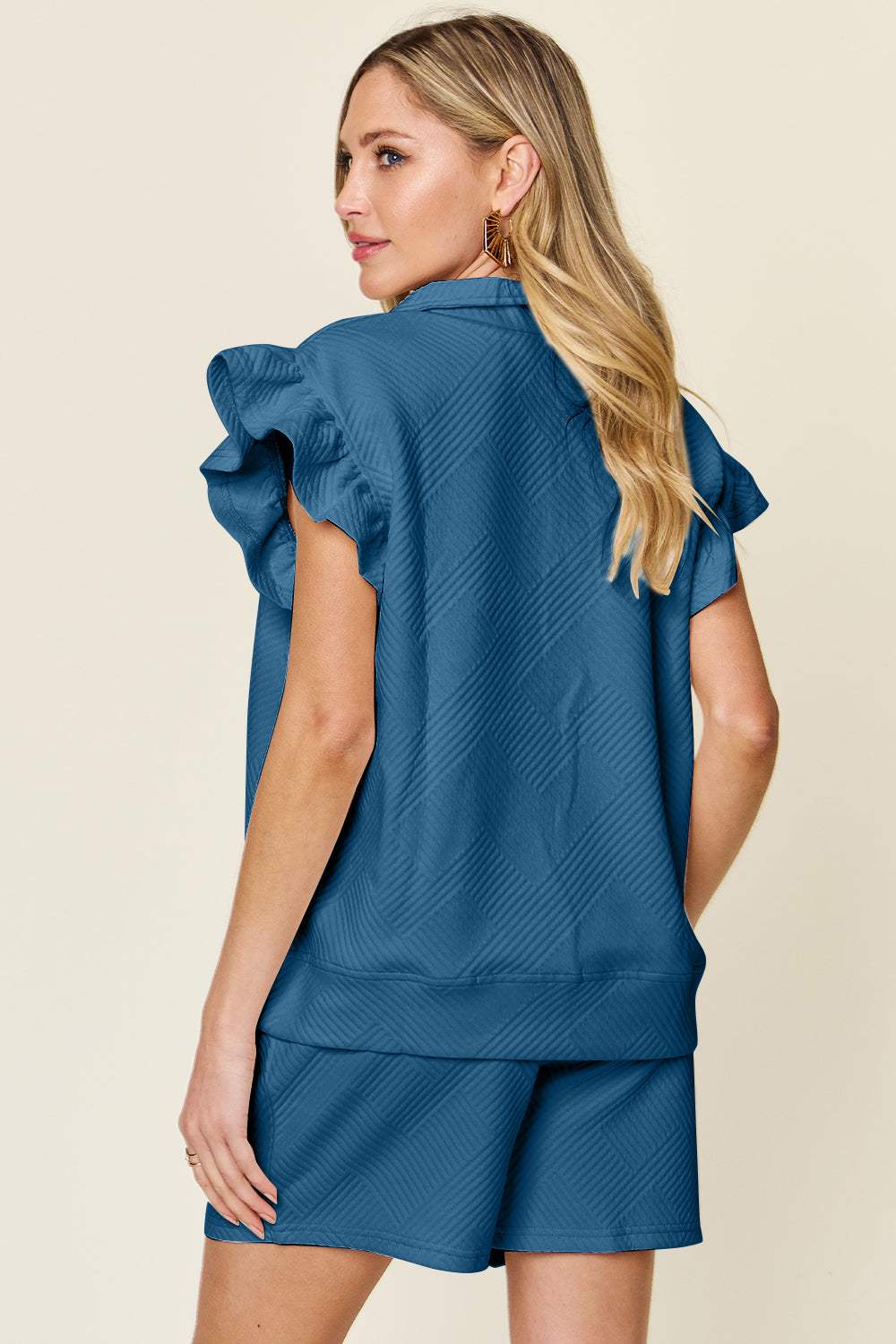Double Take Full Size Texture Flounce Sleeve Top and Drawstring Shorts Set - Trendsi - Flyclothing LLC