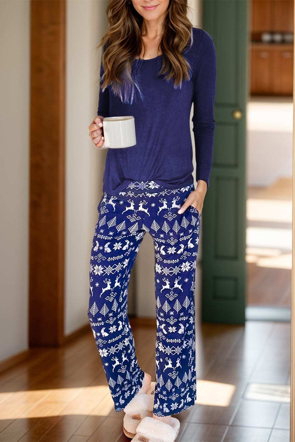 Round Neck Long Sleeve Top and Printed Pants Lounge Set - Trendsi - Flyclothing LLC