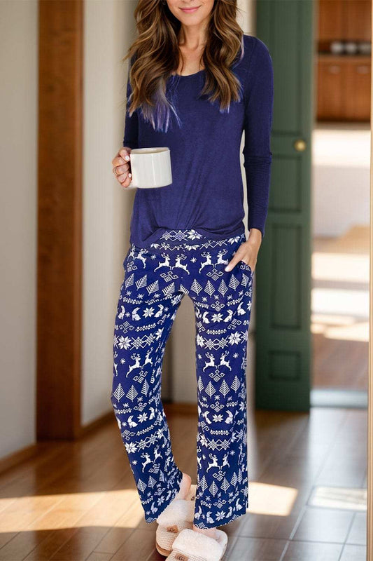 Round Neck Long Sleeve Top and Printed Pants Lounge Set - Trendsi - Flyclothing LLC
