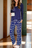 Round Neck Long Sleeve Top and Printed Pants Lounge Set - Trendsi - Flyclothing LLC