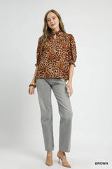 Umgee Full Size Leopard Print Ruffle Neck Blouse Plus Size - Trendsi - Flyclothing LLC