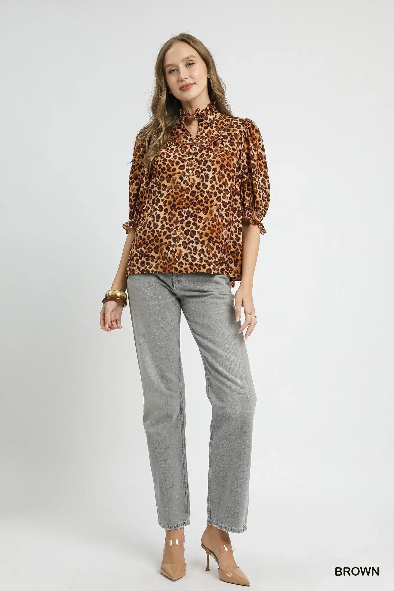 Umgee Full Size Leopard Print Ruffle Neck Blouse Plus Size - Trendsi - Flyclothing LLC