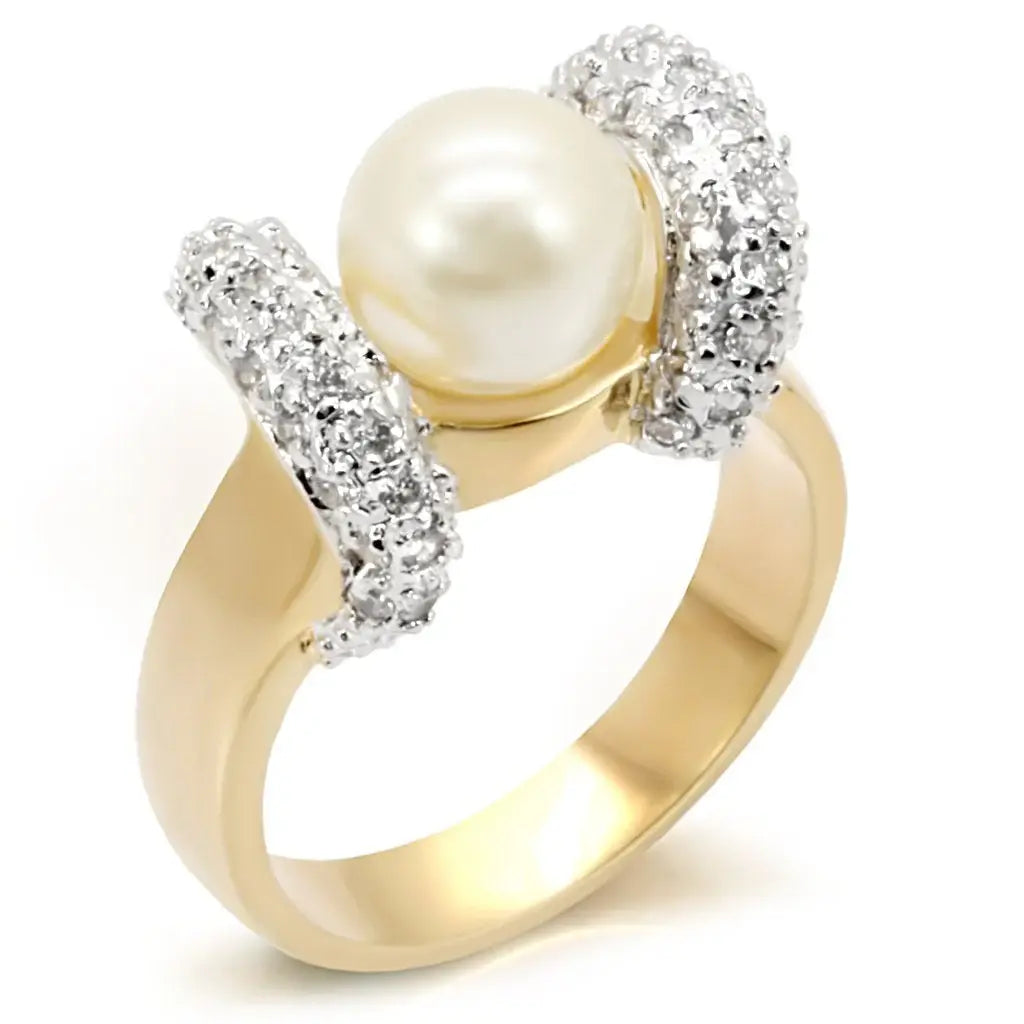 7X114 - Gold+Rhodium Brass Ring with Synthetic Pearl in White - Alamode - Flyclothing LLC