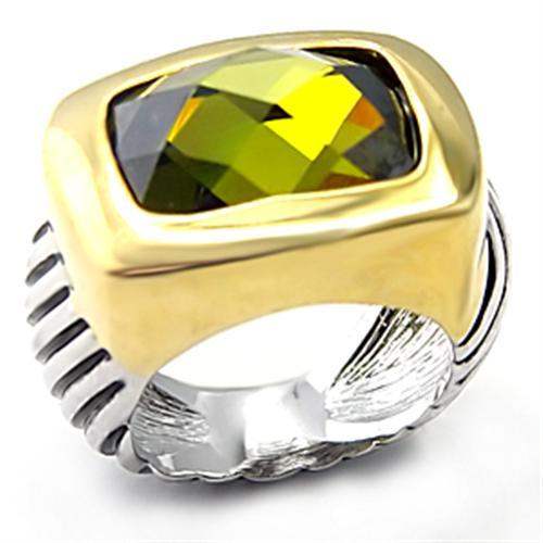 7X127 - Reverse Two-Tone Brass Ring with AAA Grade CZ in Olivine color - Alamode - Flyclothing LLC