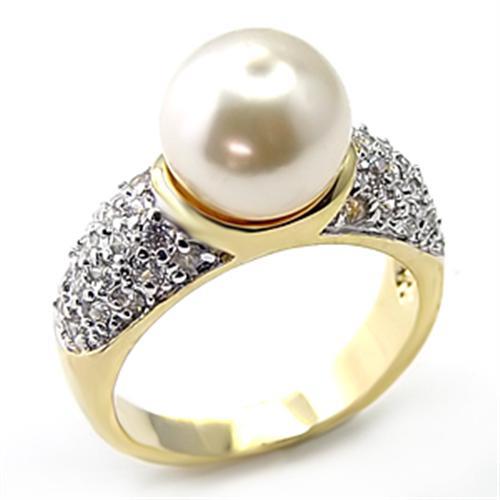 7X203 - Gold+Rhodium 925 Sterling Silver Ring with Synthetic Pearl in White - Alamode