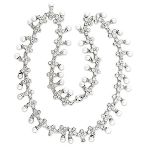 7X405 - Rhodium Brass Necklace with Synthetic Pearl in White - Alamode