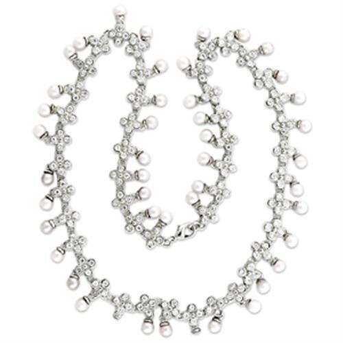 7X405 - Rhodium Brass Necklace with Synthetic Pearl in White - Alamode - Flyclothing LLC