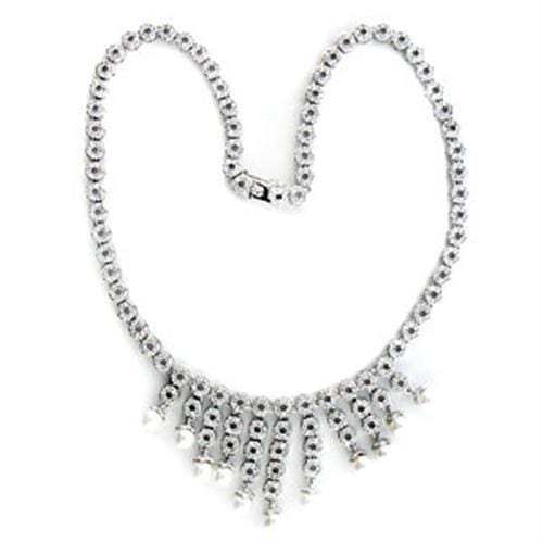 7X407 - Rhodium Brass Necklace with Synthetic Pearl in White - Alamode - Flyclothing LLC