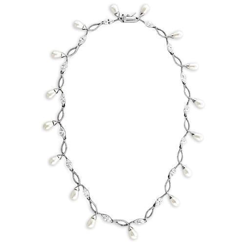 7X420 - Rhodium 925 Sterling Silver Necklace with Synthetic Pearl in White - Alamode