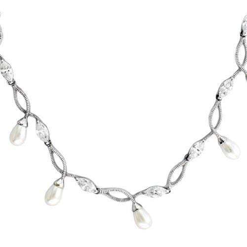 7X420 - Rhodium 925 Sterling Silver Necklace with Synthetic Pearl in White - Alamode - Flyclothing LLC