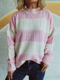 Contrast Round Neck Long Sleeve Sweater - Trendsi - Flyclothing LLC