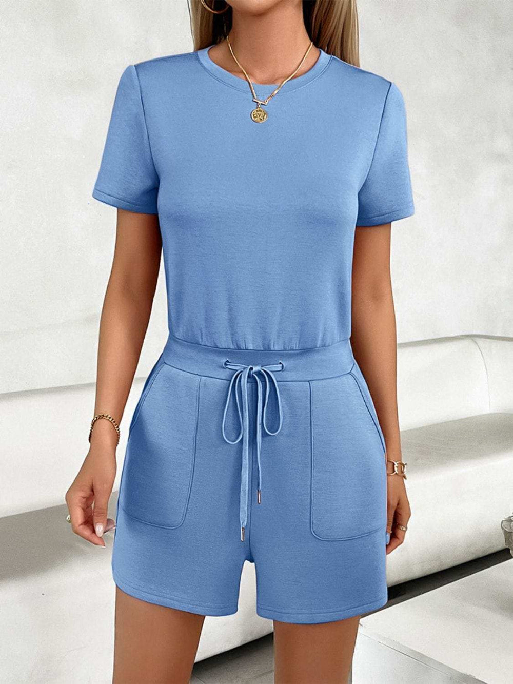 Tied Round Neck Short Sleeve Romper - Trendsi - Flyclothing LLC