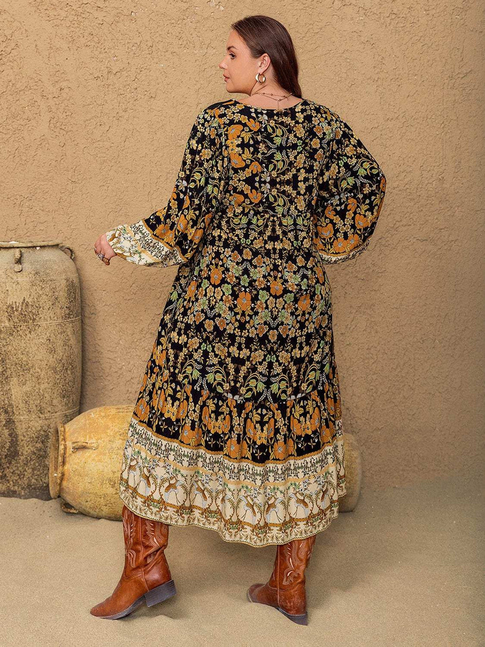Plus Size Floral V-Neck Balloon Sleeve Midi Dress - Trendsi - Flyclothing LLC