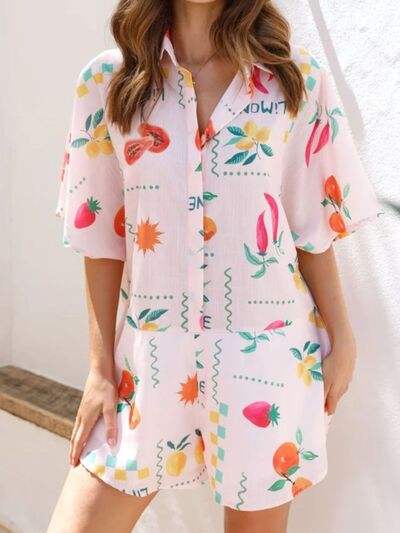 Printed Collared Neck Half Sleeve Romper - Trendsi - Flyclothing LLC
