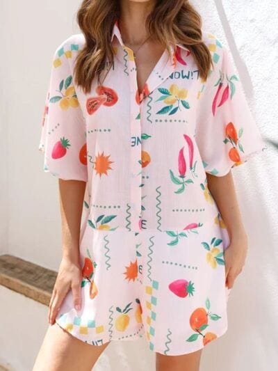 Printed Collared Neck Half Sleeve Romper - Trendsi