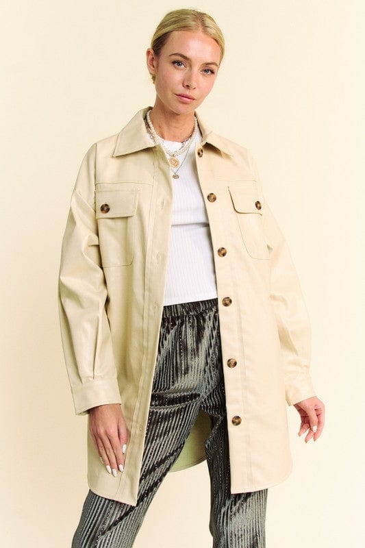 Davi & Dani Faux Leather Button Up Jacket with Chest Pockets - Trendsi
